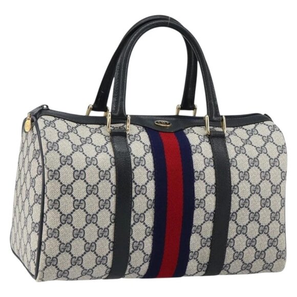 GUCCI GG Supreme Sherry Line Boston Bag PVC Navy Gold Red 40 3842 Auth BA5638 - Picture 2 of 16